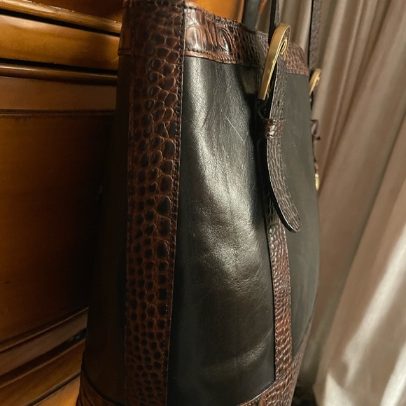 Brahmin Vintage Black/Pecan Crocodile Leather Trim Shoulder Bag Medium Zip Tote - Picture 5 of 15